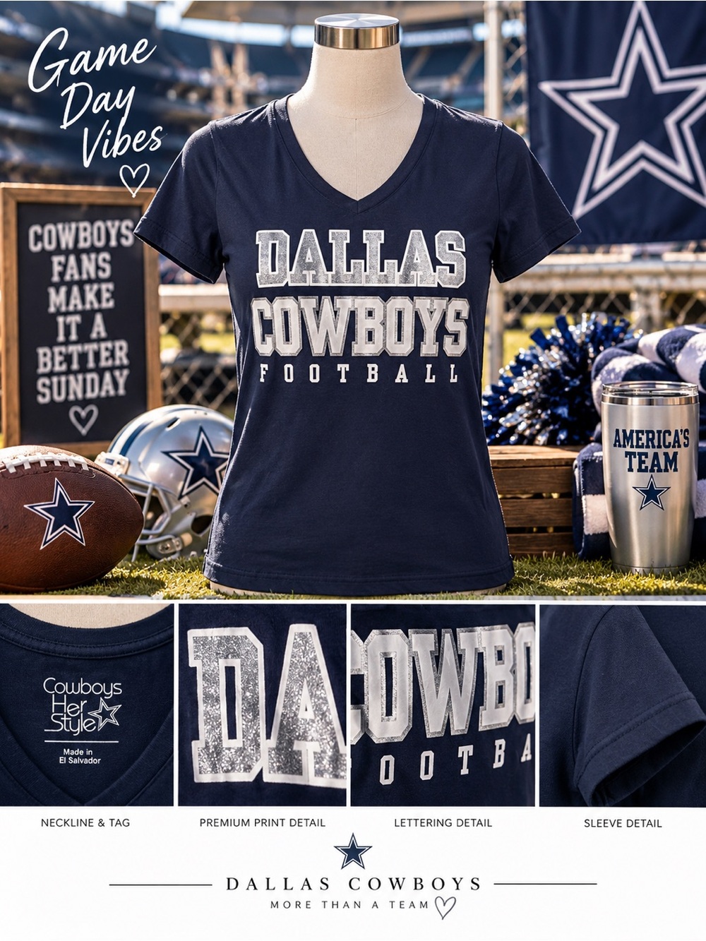 NFL Dallas Cowboys Girls' V-Neck Tee in Navy and White